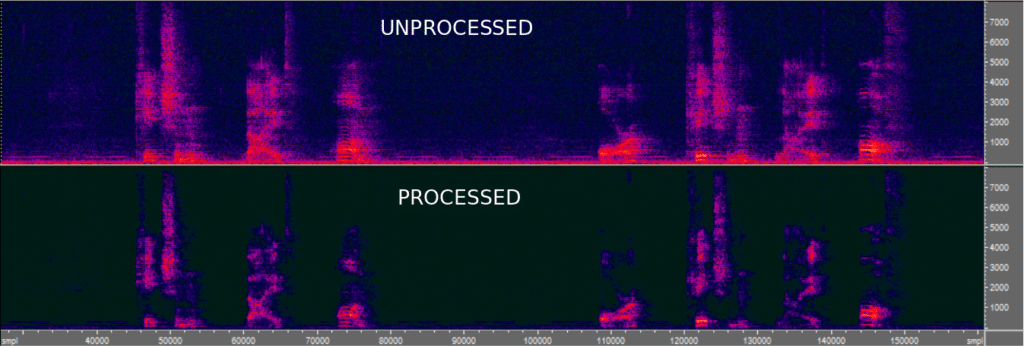 Reverberated signal on top, dereverberated signal at the bottom